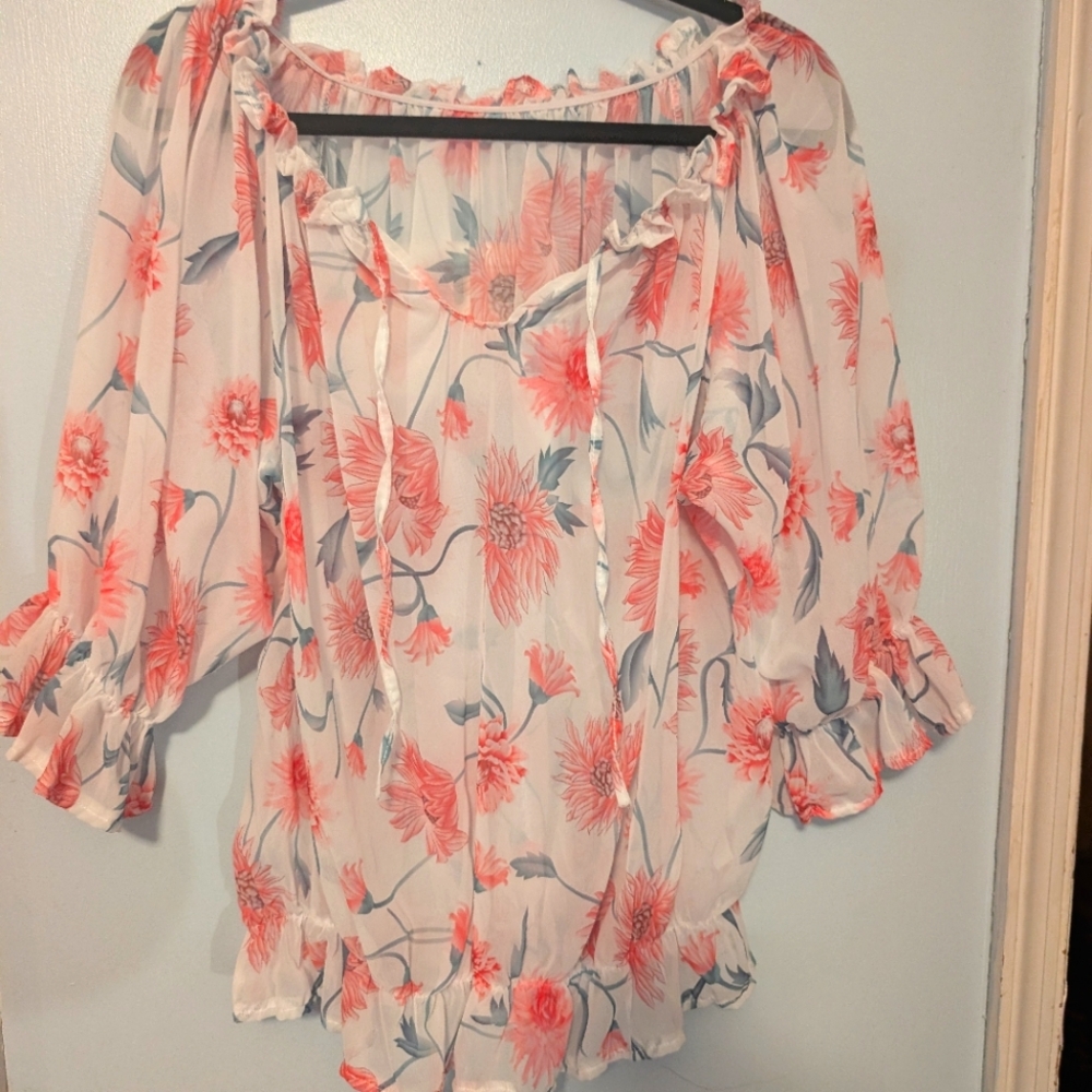 Floral Sheer Blouse with Ruffle Sleeves